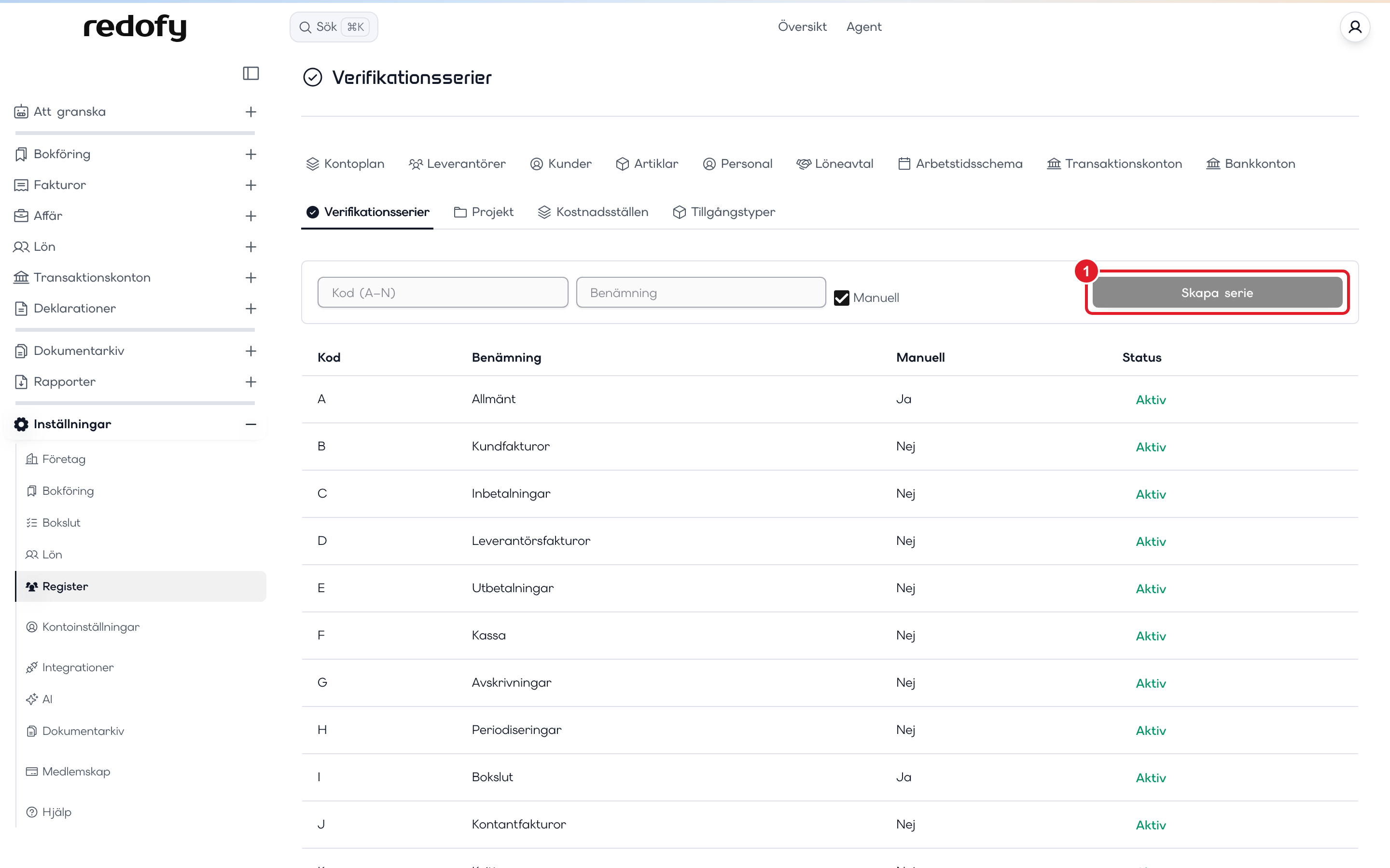 Verifikationsserierna i registret med markering