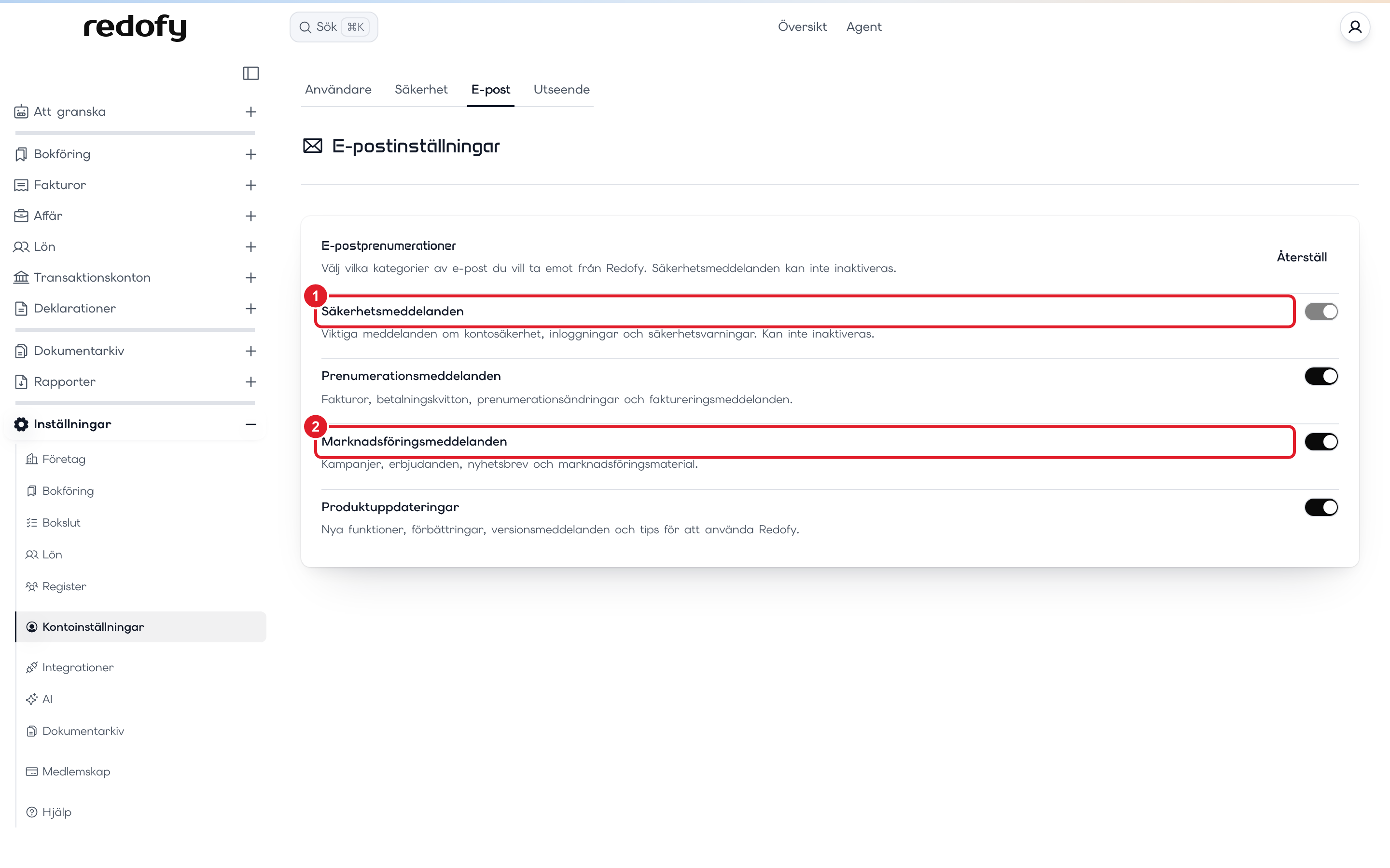 E-postinställningarna med markeringar