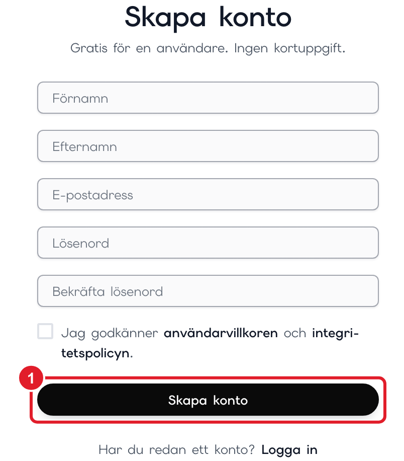 Registreringsformuläret med markeringar